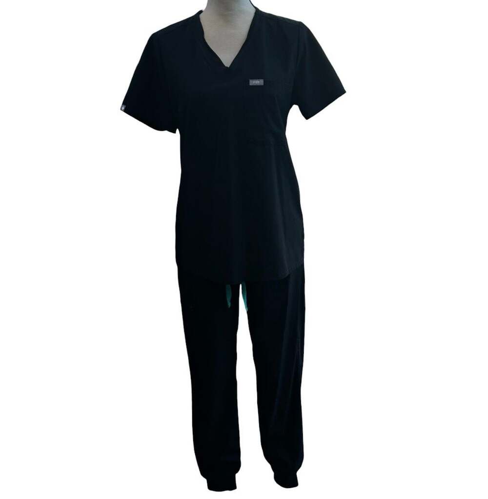FIGS Black Catarina One-Pocket Scrub Top and Zamora Jogger Set Women’s Size S